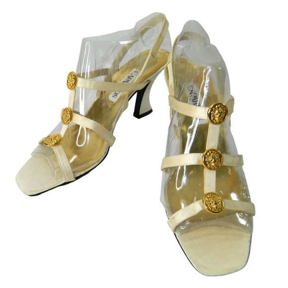 Caparros Size 8.5B Cream Heel Sandals Gold Lion Medusa Button Accent VersaceVibe - Picture 2 of 11